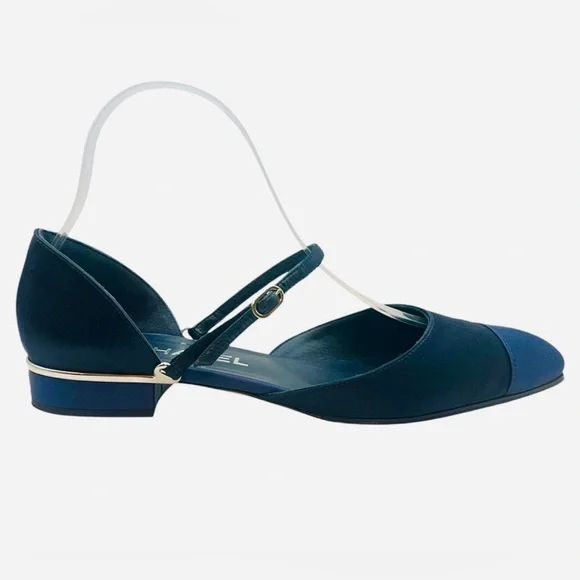 CHANEL Navy Satin Cap Toe Ankle Strap CC Flats 38.5EU - Picture 4 of 16